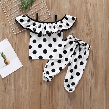 Spot summer, small girl dots, a word collar hanging cotton sleeveless top trousers set manufacturer