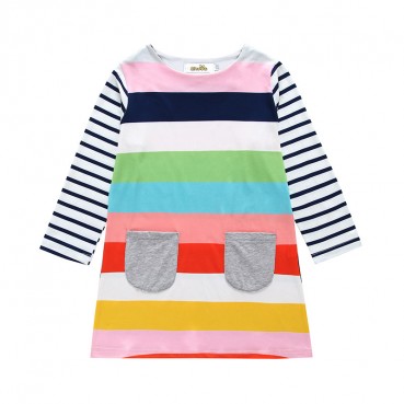 New girls colorful striped long dress children round collar comfortable skirt hot sale