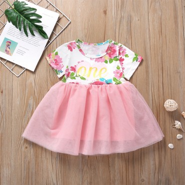 [Woven] spot summer sweet baby young childrens childrens clothing cotton sweet letters short-sleeved dress