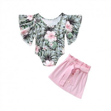 Summer baby childrens small flying sleeves hare skirt set print cute fashion baby two-piece hot sale