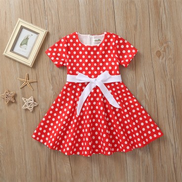 [Woven] spot summer Europe and the United States and the United States childrens clothing bow dot short-sleeved dress