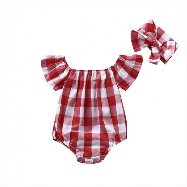 [Knitting] baby continuous clothing summer sleeveless plaid hiding tape baby European and American fashion romper bag