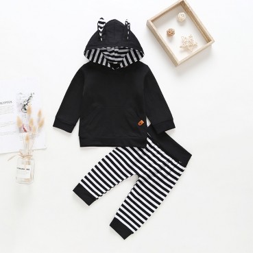 New children cute rabbit two-piece black boys striped long sleeve hooded suit tide