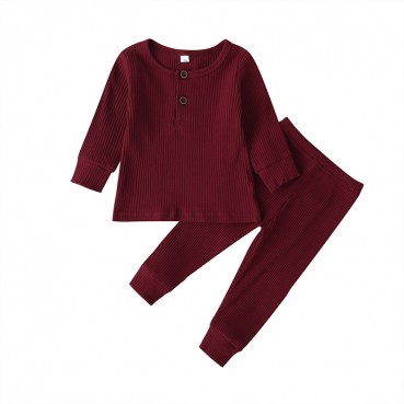 Childrens solid color two-piece long sleeve round neck trousers simple fashion pants suit men and women children