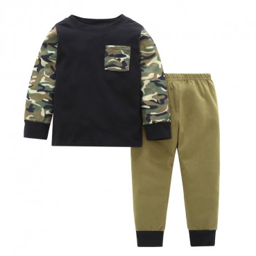 INS autumn and winter new military green camouflage children suit boys casual home two-piece set