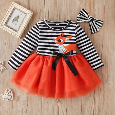 [Knit] girls dress long sleeve cartoon striped butterfly childrens mesh skirt fashion childrens clothing spring