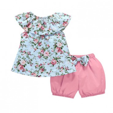 Childrens clothing summer girls childrens slopes sleeveless top shorts 2 pieces of short sleeve shorts two-piece suit