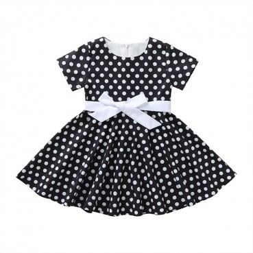 [Woven] spot summer Europe and the United States and the United States childrens clothing bow dot short-sleeved dress