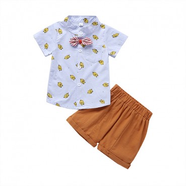 [Woven] children polo shirt two-piece bow cartoon print fashion shorts suit male baby summer hot wholesale