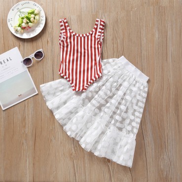 Summer small girls red striped back coupon swimwear skirt set