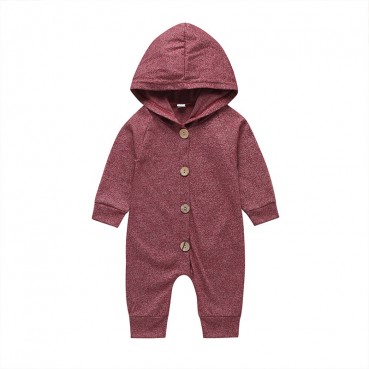 [Knitting] long-sleeved hooded coated clothes baby single row buckle solid color simple fashion long rid of clothing