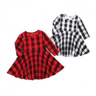 Factory direct new hot batch girl red plaid dress children casual long sleeve round neck skirt