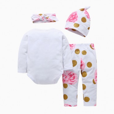 INS explosion infant letter printed long-sleeved ha clothing + peony flower pants + hat three-piece