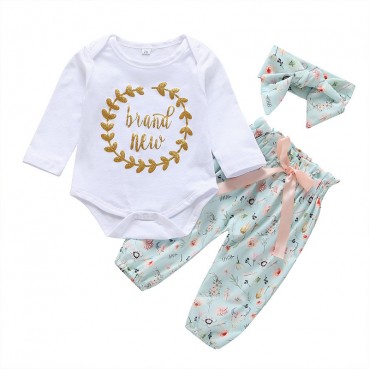 [Knit] European and American baby clothing trousers set long-sleeved print letters bow cute baby 3 pieces