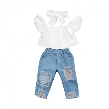 New European and American fashion girl suit girls over-cave jeans two-piece wholesale hot sale