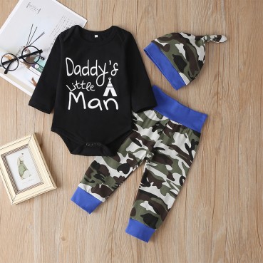 [Knit] spot baby clothing set letter fashion lunar clothing camouflage trousers newborn 3 sets hot sale