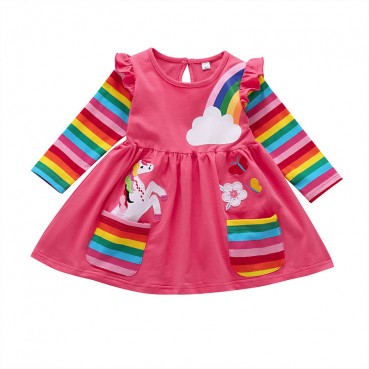 [Knitting] new product child dress autumn red cartoon rainbow pony long sleeve girl skirt spring