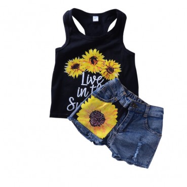 Tong suit INS childrens clothing childrens sleeveless sunflower vest + denim short pants boy suit