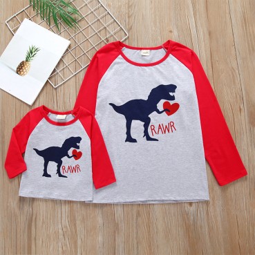 Factory direct boys and girls spring and autumn long sleeve dinosaur parent-child clothing out childrens family