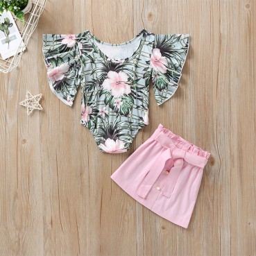 Summer baby childrens small flying sleeves hare skirt set print cute fashion baby two-piece hot sale