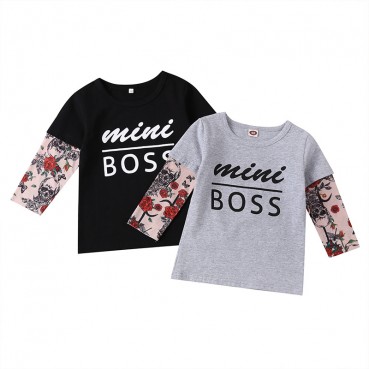 [Knit] new European and American fashion splicing tattoo print boys t-shirt cotton long sleeve spring autumn