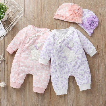 [Knitting] Infant long sleeve Romper Spring wave point sweet cute newborn baby climbing clothes long lace rabbit