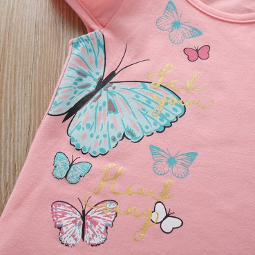 Summer girl cute cartoon butterfly short-sleeved T-shirt tidal biography childrens alphabet cotton candy color