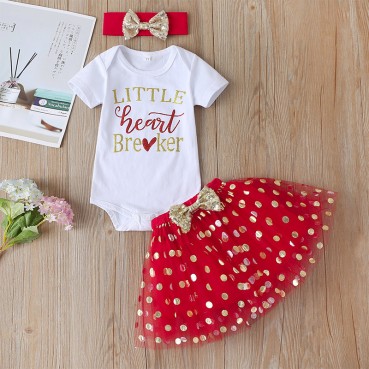 [Knit] new Valentines Day baby clothing set summer short-sleeved sweet baby baby 3-piece skirt suit hot sale