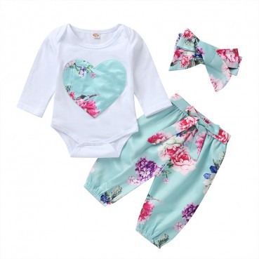 [Woven] spring casual infant young child girls suit print cotton trousers long-sleeved clothing three-piece childrens