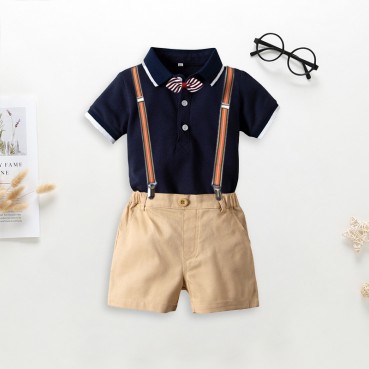 Boy handsome, old clothes, strap pants, 3 pieces, summer new mens baby gentleman lead tie suit