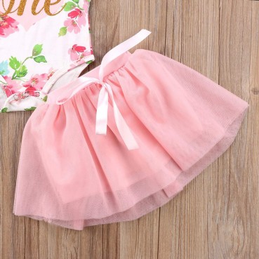 Summer girl skirt suit INS explosive childrens clothing letters crushed flowers sleeve clothing mesh skirt suit