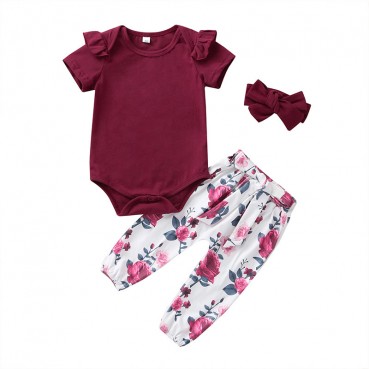 [Woven] Summer European and American baby girls short-sleeved lunar clothes + trousers + headwear set manufacturers to