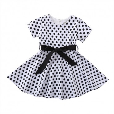 [Woven] spot summer Europe and the United States and the United States childrens clothing bow dot short-sleeved dress