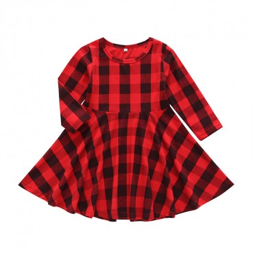 Factory direct new hot batch girl red plaid dress children casual long sleeve round neck skirt