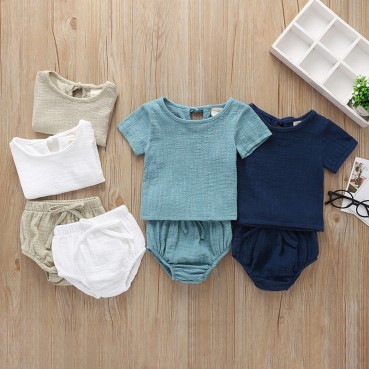 [Woven] Explosive models summer simple cotton and linen baby childrens childrens dress solid color set short sleeve