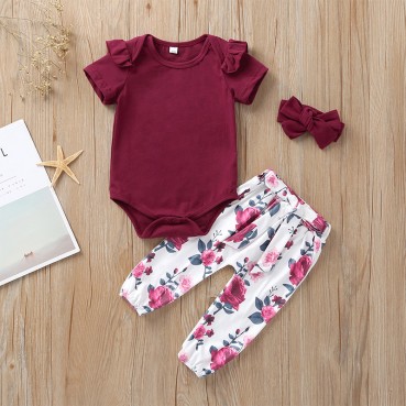 [Woven] Summer European and American baby girls short-sleeved lunar clothes + trousers + headwear set manufacturers to