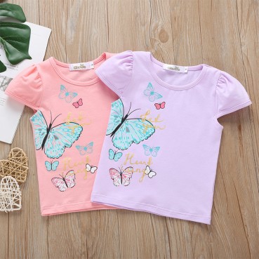 Summer girl cute cartoon butterfly short-sleeved T-shirt tidal biography childrens alphabet cotton candy color