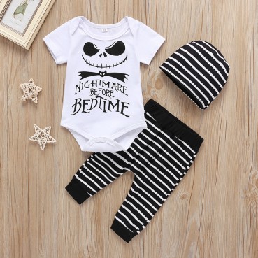 [Knit] Summer Male Baby Halloween Bat Alphabet Short Sleeve Harbed Stripe Try Towers 2 Piece Baby Pants Set