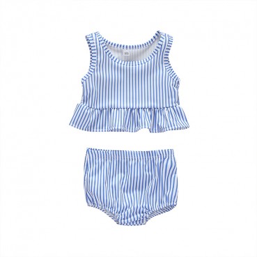 Pink striped lotus leaf girls swimsuit two-piece female baby summer swimming clothing factory direct sales