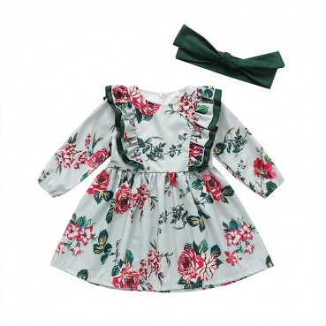 [Woven] Spot summer European and American baby young children girls clothing print cotton long-sleeved dress