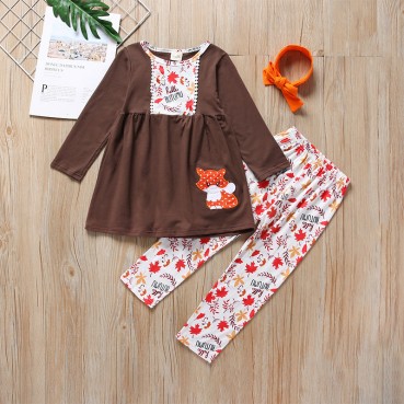 [Woven] Spot new spring and autumn children Korean womens clothing print long-sleeved dress + trousers + headscarf set