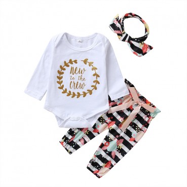 [Knit] European and American baby clothing trousers set long-sleeved print letters bow cute baby 3 pieces