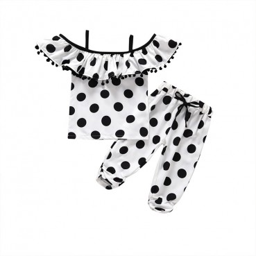 Spot summer, small girl dots, a word collar hanging cotton sleeveless top trousers set manufacturer