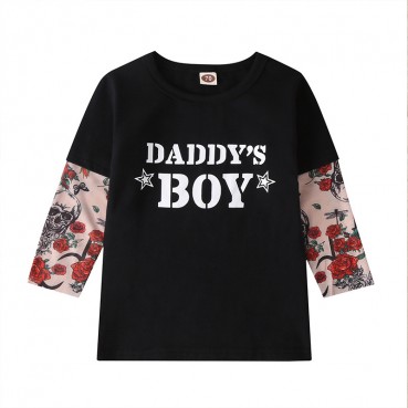 [Knit] new European and American fashion splicing tattoo print boys t-shirt cotton long sleeve spring autumn