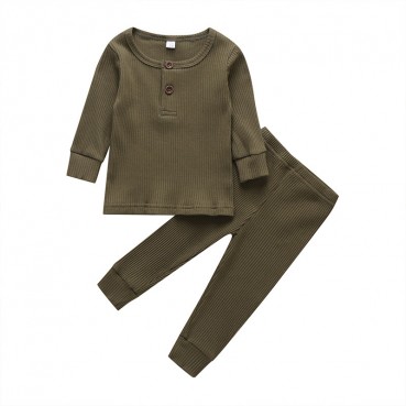 Childrens solid color two-piece long sleeve round neck trousers simple fashion pants suit men and women children