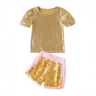 [Woven] new childrens suit summer girl sequins gold T-shirt shorts two-piece childrens clothing Europe