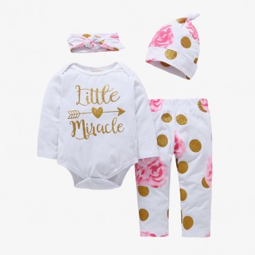 INS explosion infant letter printed long-sleeved ha clothing + peony flower pants + hat three-piece