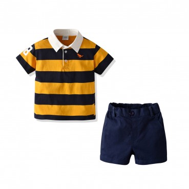 Wholesale childrens suit boy short-sleeved polo collar T-shirt shorts set striped European and American fashion