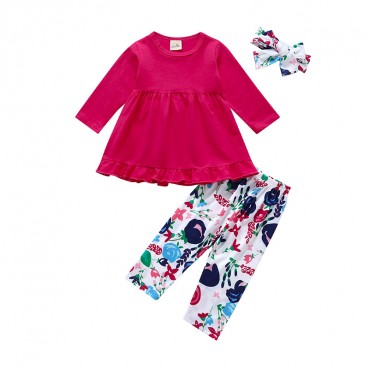 Hot batch new pink childrens autumn set girls printed trousers + top three sets