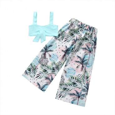 Summer small girls sand beach seaside zippe pants wrapped chest hood suit print printing tape girl two-piece set